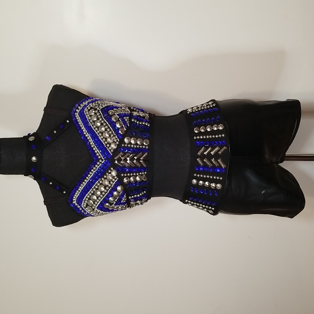 Glamour Dance Costume Black Blue Silver rhinestone adult L 2 piece